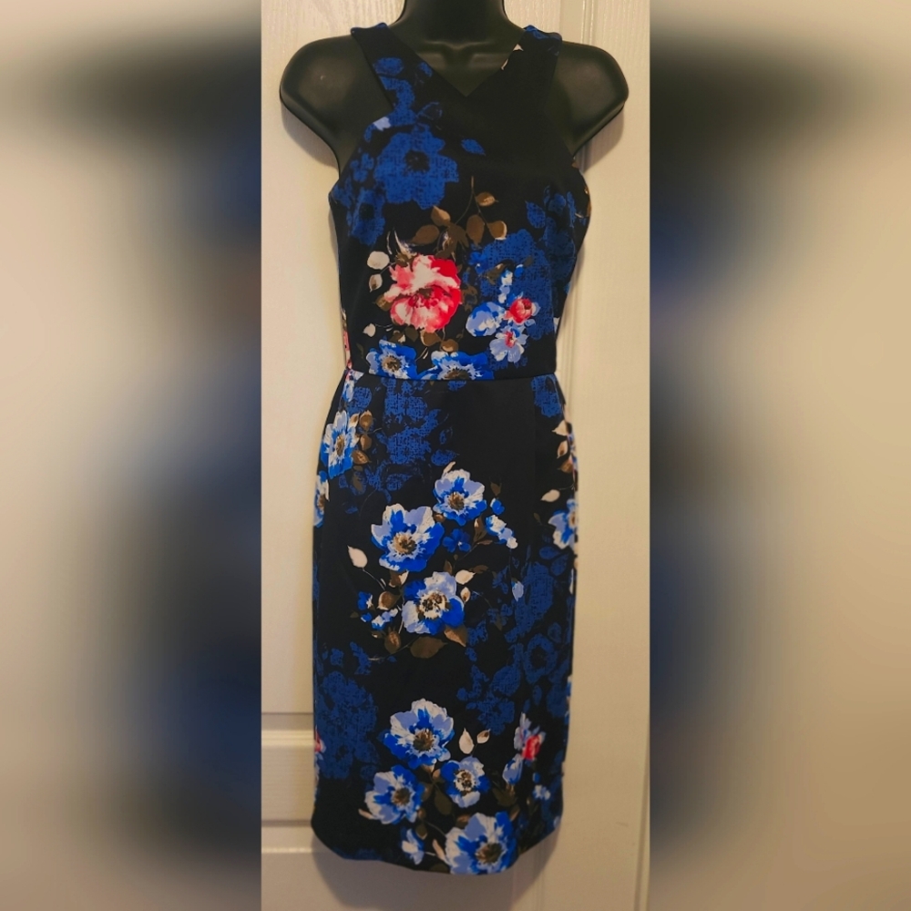 Aqua Blue and Pink Halter Floral Cocktail Dress Size Small EUC